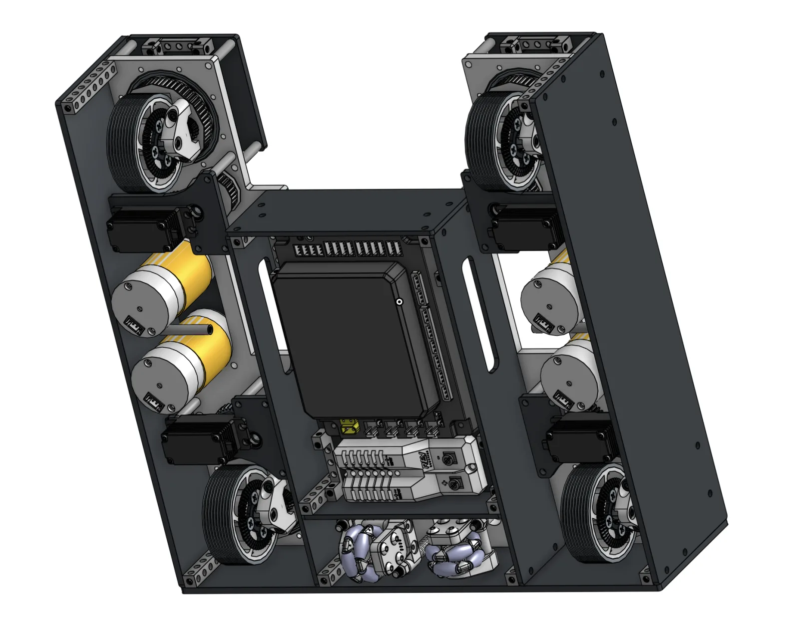 CAD render of the custom billet swerve drivetrain